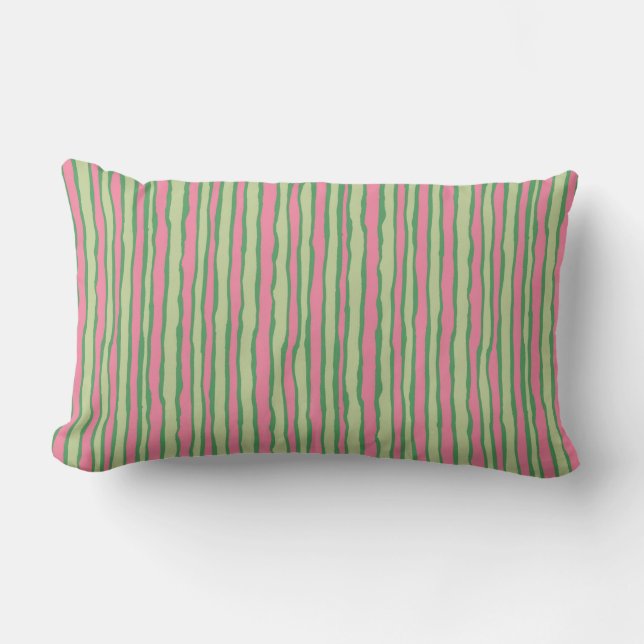 Fun Pink Green Watermelon Vertical Stripes Outdoor Lumbar Cushion (Front)