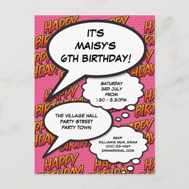 Fun Pink Happy Birthday Party Comic Speech Bubbles Invitation Postcard (Front)