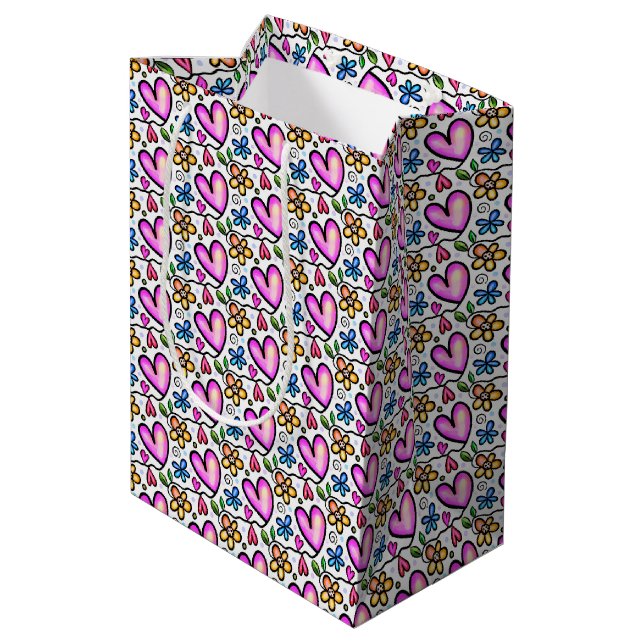 Fun Pink Hearts and Orange Blue Flowers Medium Gift Bag (Back Angled)