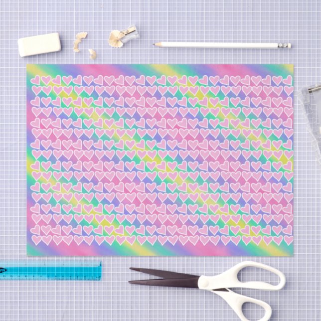 Fun Pink Hearts on Rainbow Tissue Paper (Craft)