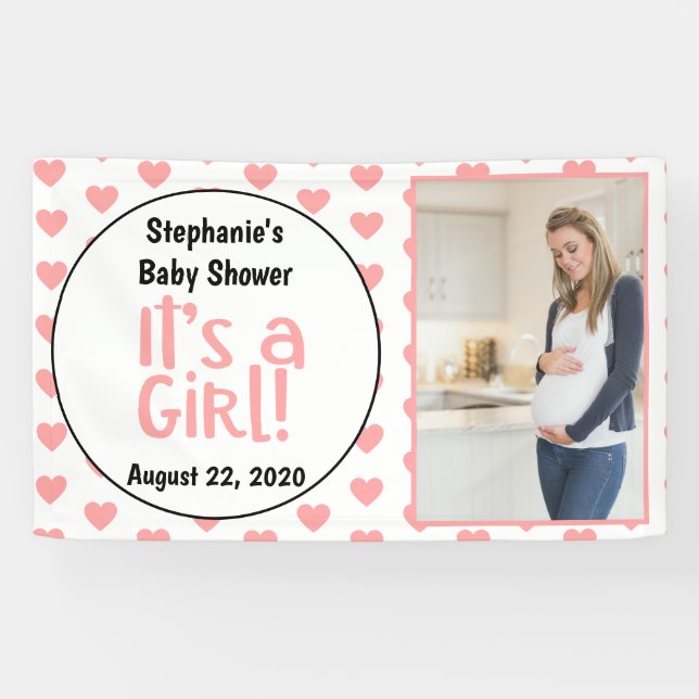 Fun Pink Hearts Photo It's a Girl Baby Shower Banner (Horizontal)