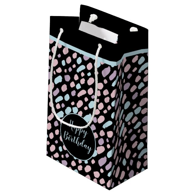 Fun Pink, Lavender & Blue Pattern on Black, Small Gift Bag (Back Angled)