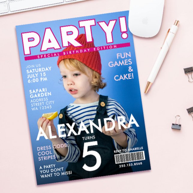 Fun Pink Magazine Cover Kids Editorial News Photo Invitation (Creator Uploaded)