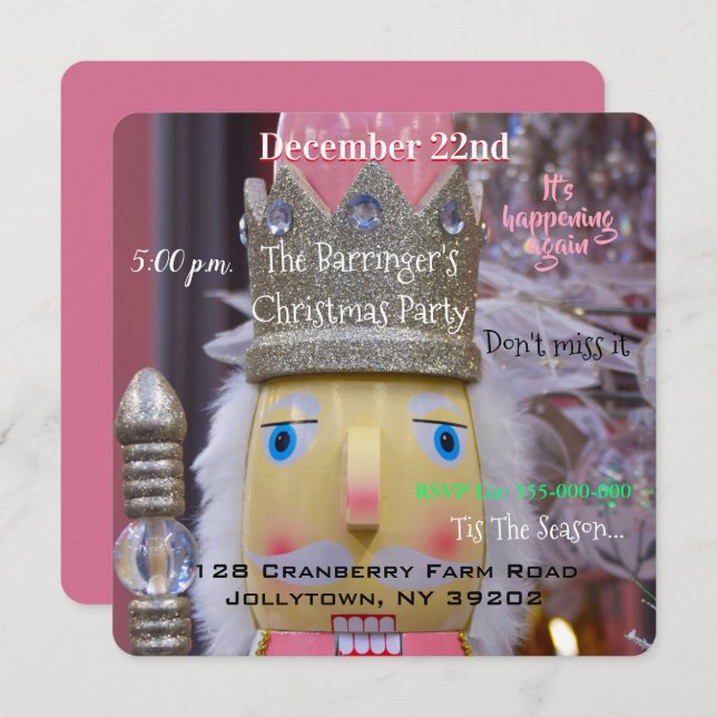 Fun Pink Nutcracker Cute Christmas Party Invitation (Front/Back)
