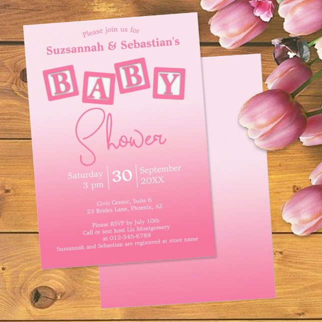 Fun Pink Ombre BABY Girl Blocks Shower Invitation (Creator Uploaded)