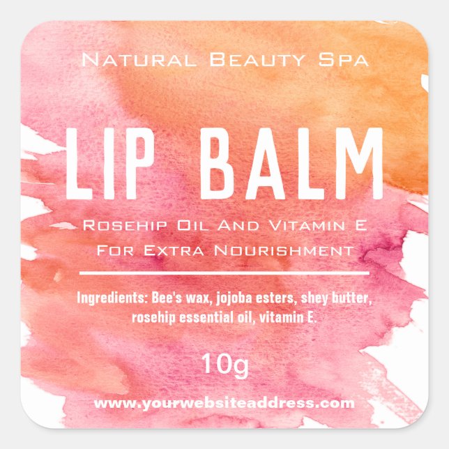 Fun Pink Orange Watercolor Lip Balm Tube Labels (Front)