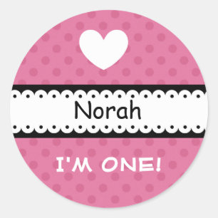 Fun PINK POLKA DOTS with Heart Girl 1st Birthday Classic Round Sticker