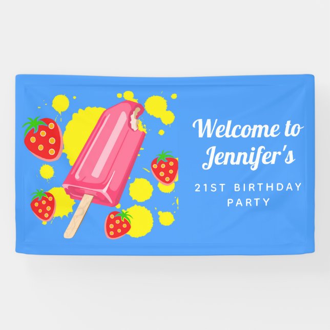 Fun Pink Popsicle and Strawberries Birthday Banner (Horizontal)
