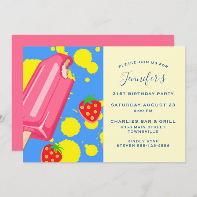 Fun Pink Popsicle and Strawberries Birthday Invitation (Front/Back)