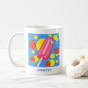 Fun Pink Popsicle and Strawberries Hello Summer Coffee Mug