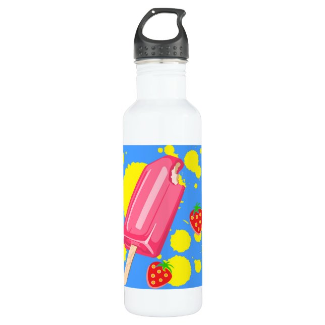 Fun Pink Popsicle and Strawberries Illustration 710 Ml Water Bottle (Front)