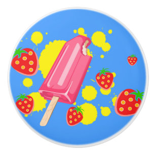 Fun Pink Popsicle and Strawberries Illustration Ceramic Knob
