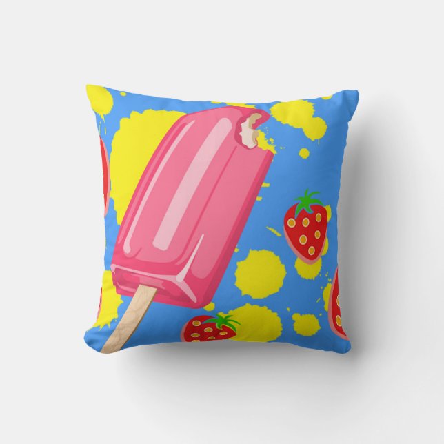Fun Pink Popsicle and Strawberries Illustration Cushion (Front)