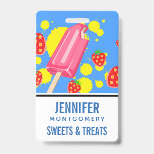 Fun Pink Popsicle and Strawberries Illustration ID Badge