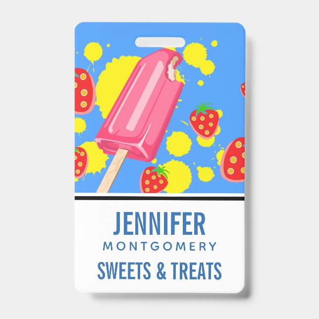 Fun Pink Popsicle and Strawberries Illustration ID Badge (Front)