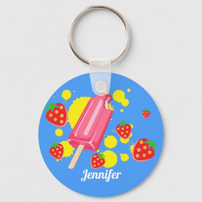 Fun Pink Popsicle and Strawberries Illustration Key Ring (Front)