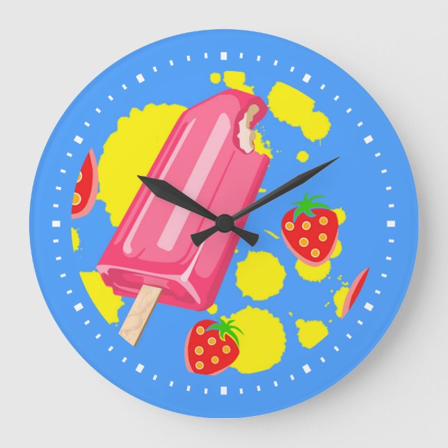 Fun Pink Popsicle and Strawberries Illustration Large Clock (Front)