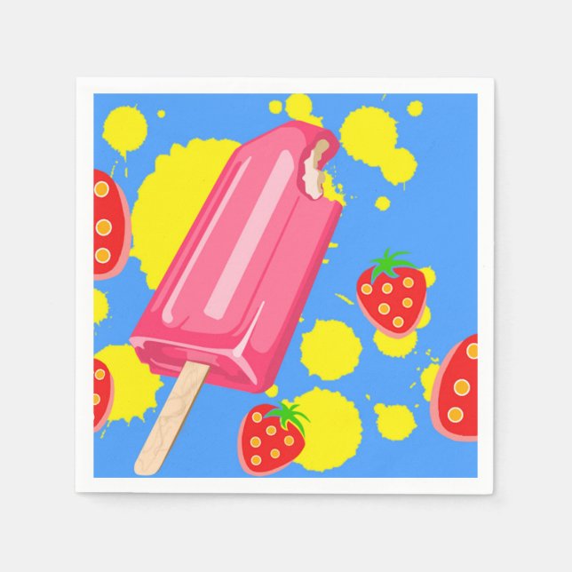Fun Pink Popsicle and Strawberries Illustration Napkin (Front)
