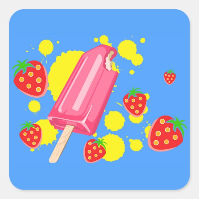Fun Pink Popsicle and Strawberries Illustration Square Sticker (Front)