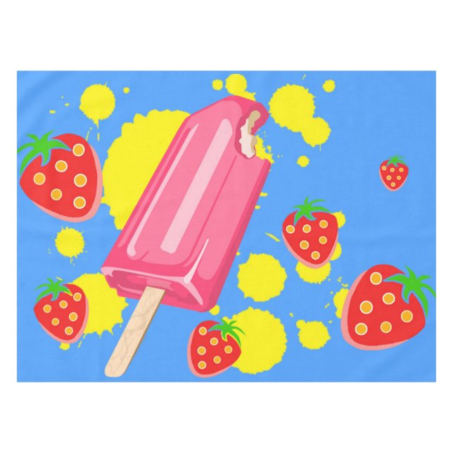 Fun Pink Popsicle and Strawberries Illustration Tablecloth (Front (Horizontal))