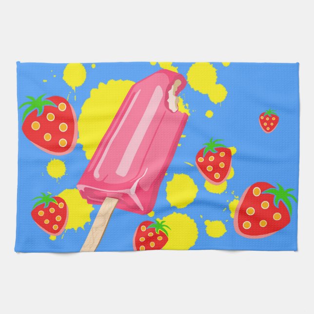 Fun Pink Popsicle and Strawberries Illustration Tea Towel (Horizontal)
