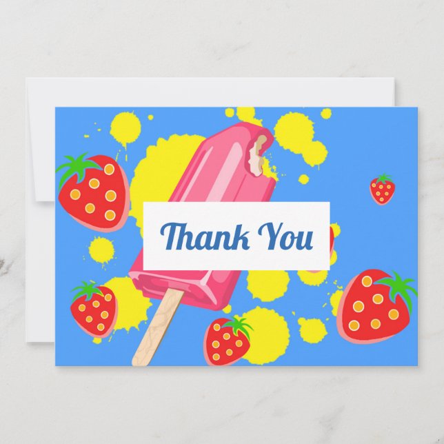 Fun Pink Popsicle and Strawberries Thank You Card (Front)