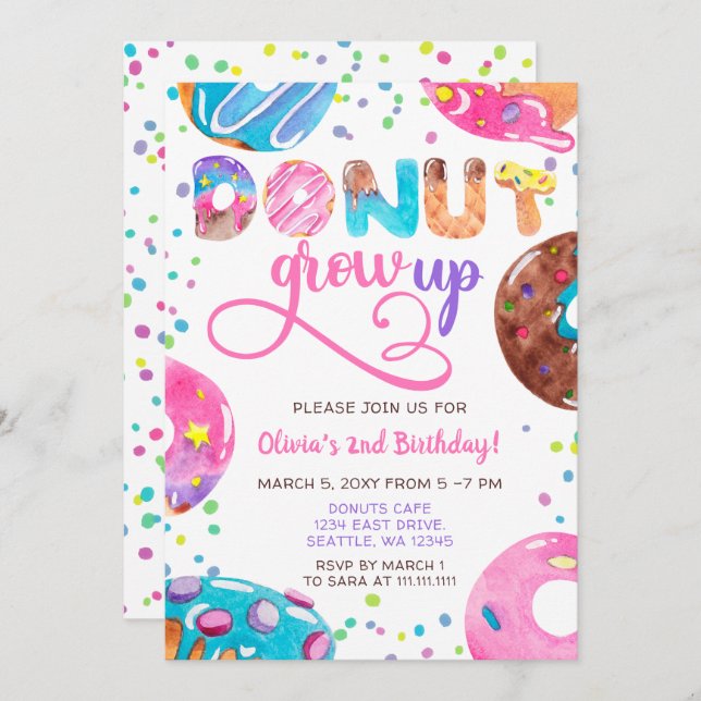 Fun pink purple blue doughnuts birthday party invitation (Front/Back)