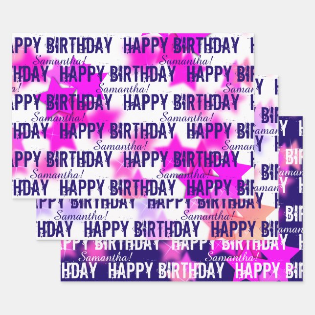 Fun Pink/Purple Stars Custom Name Happy Birthday Wrapping Paper Sheet (Set)