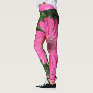 FUN PINK RED GERBERA FLOWERS DAISY FLORAL INITIAL LEGGINGS
