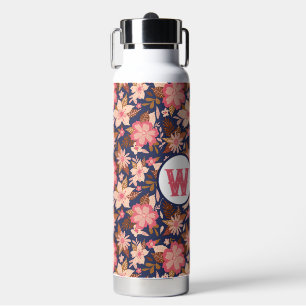 Fun Pink Retro Floral Pattern Monogram  Water Bottle