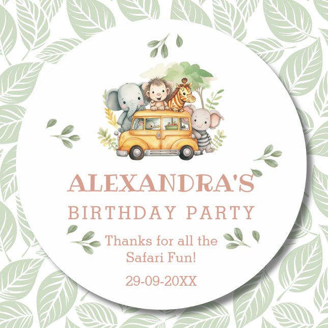 Fun Pink Safari Girl Jungle Birthday Thank You   Classic Round Sticker (Creator Uploaded)