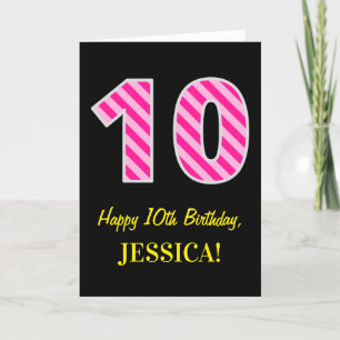 Fun Pink Striped "10"; Happy 10th Birthday; Name Card