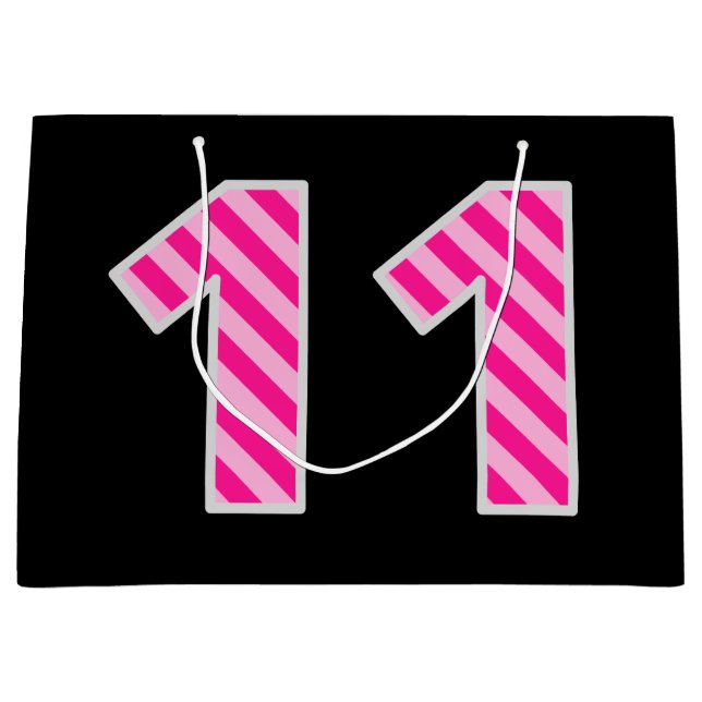 Fun Pink Striped "11"; Happy 11th Birthday; Name Large Gift Bag (Front)