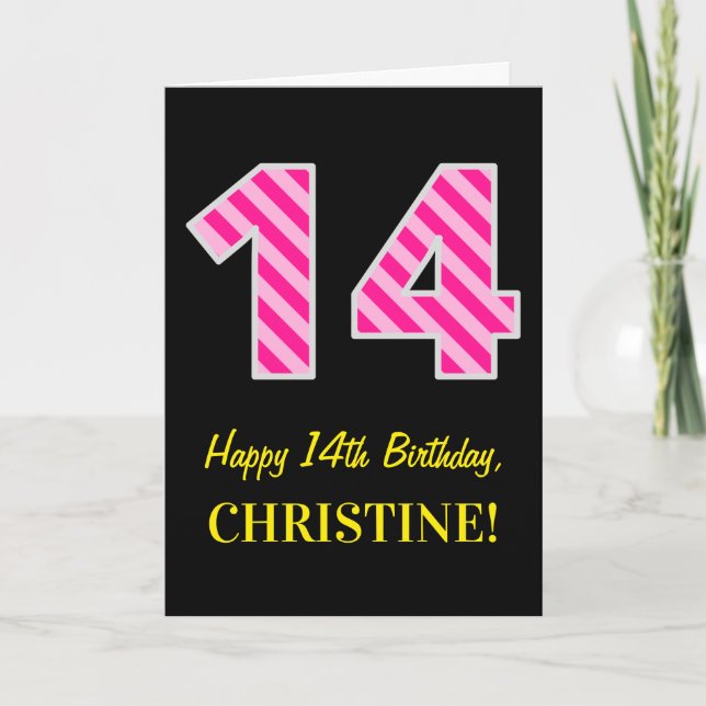 Fun Pink Striped "14"; Happy 14th Birthday; Name Card (Front)