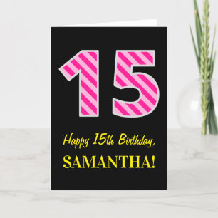 Fun Pink Striped "15"; Happy 15th Birthday; Name Card