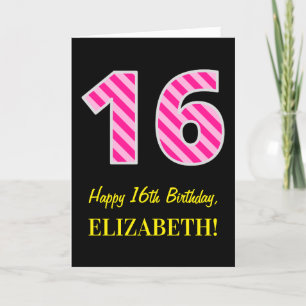 Fun Pink Striped "16"; Happy 16th Birthday; Name Card