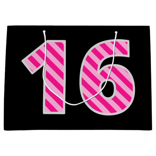 Fun Pink Striped "16"; Happy 16th Birthday; Name Large Gift Bag (Front)