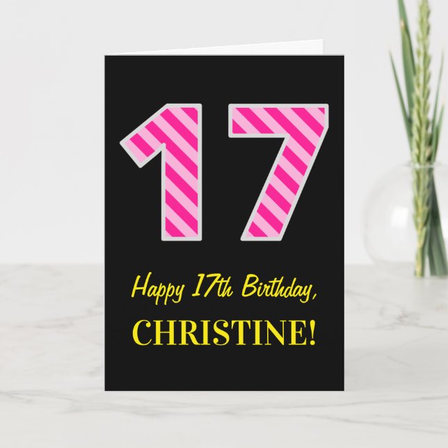 Fun Pink Striped "17"; Happy 17th Birthday; Name Card (Front)
