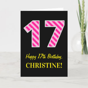 Fun Pink Striped "17"; Happy 17th Birthday; Name Card
