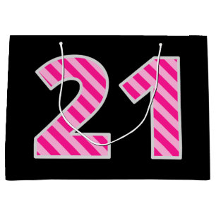 Fun Pink Striped "21"; Happy 21st Birthday; Name Large Gift Bag