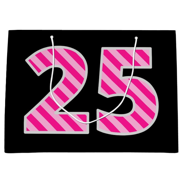 Fun Pink Striped "25"; Happy 25th Birthday; Name Large Gift Bag (Front)