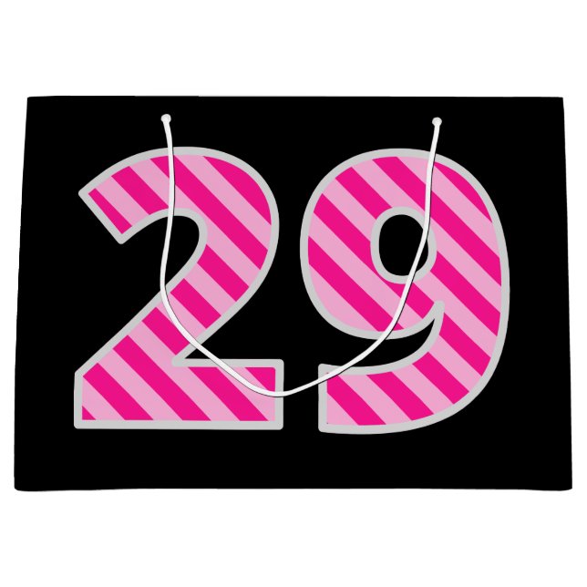 Fun Pink Striped "29"; Happy 29th Birthday; Name Large Gift Bag (Front)