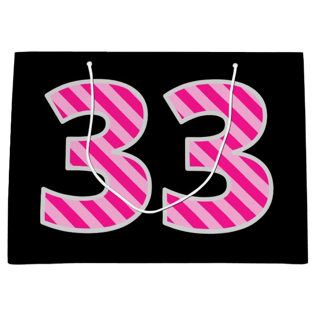 Fun Pink Striped "33"; Happy 33rd Birthday; Name Large Gift Bag (Front)