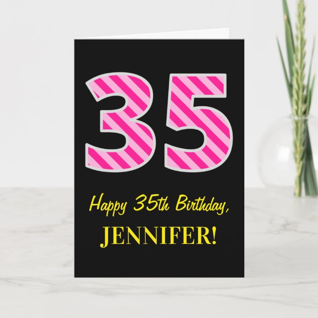 Fun Pink Striped "35"; Happy 35th Birthday; Name Card (Front)