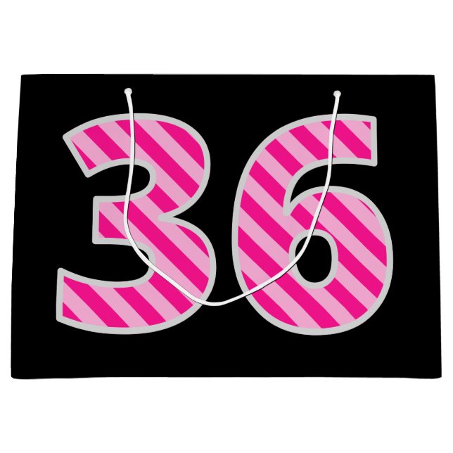 Fun Pink Striped "36"; Happy 36th Birthday; Name Large Gift Bag (Front)