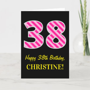 Fun Pink Striped "38"; Happy 38th Birthday; Name Card
