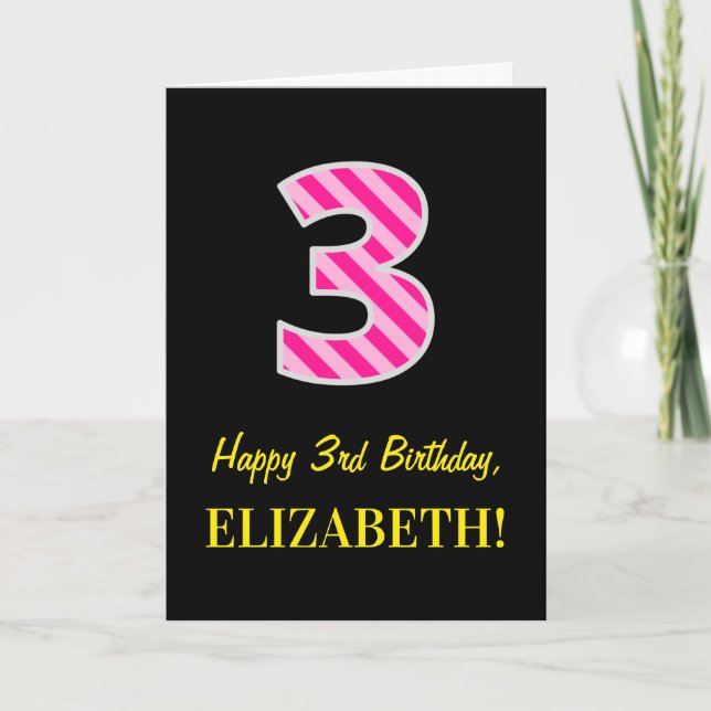 Fun Pink Striped "3"; Happy 3rd Birthday; Name Card (Front)