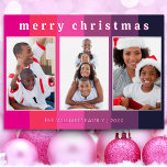 Fun Pink Striped 3 Photo Collage Merry Christmas Foil Holiday Card<br><div class="desc">Send a bright festive flourish to your friends and family with this colourful Christmas card. On a bold striped background in pink and purple shades, the card displays three of your favourite photos. At the top, the greeting 'Merry Christmas' is in lower case typography with a cool retro appearance. Customise...</div>