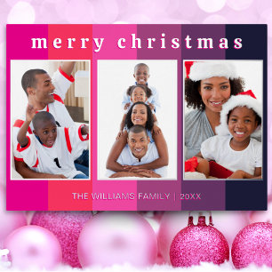 Fun Pink Striped 3 Photo Collage Merry Christmas Foil Holiday Card