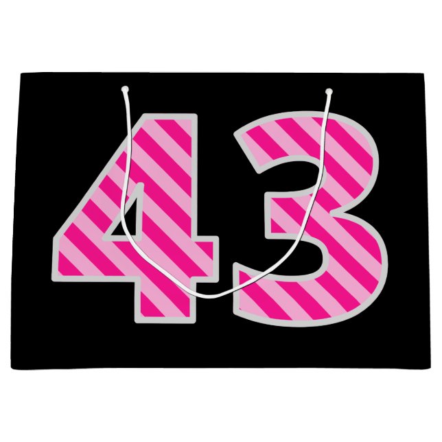 Fun Pink Striped "43"; Happy 43rd Birthday; Name Large Gift Bag (Front)